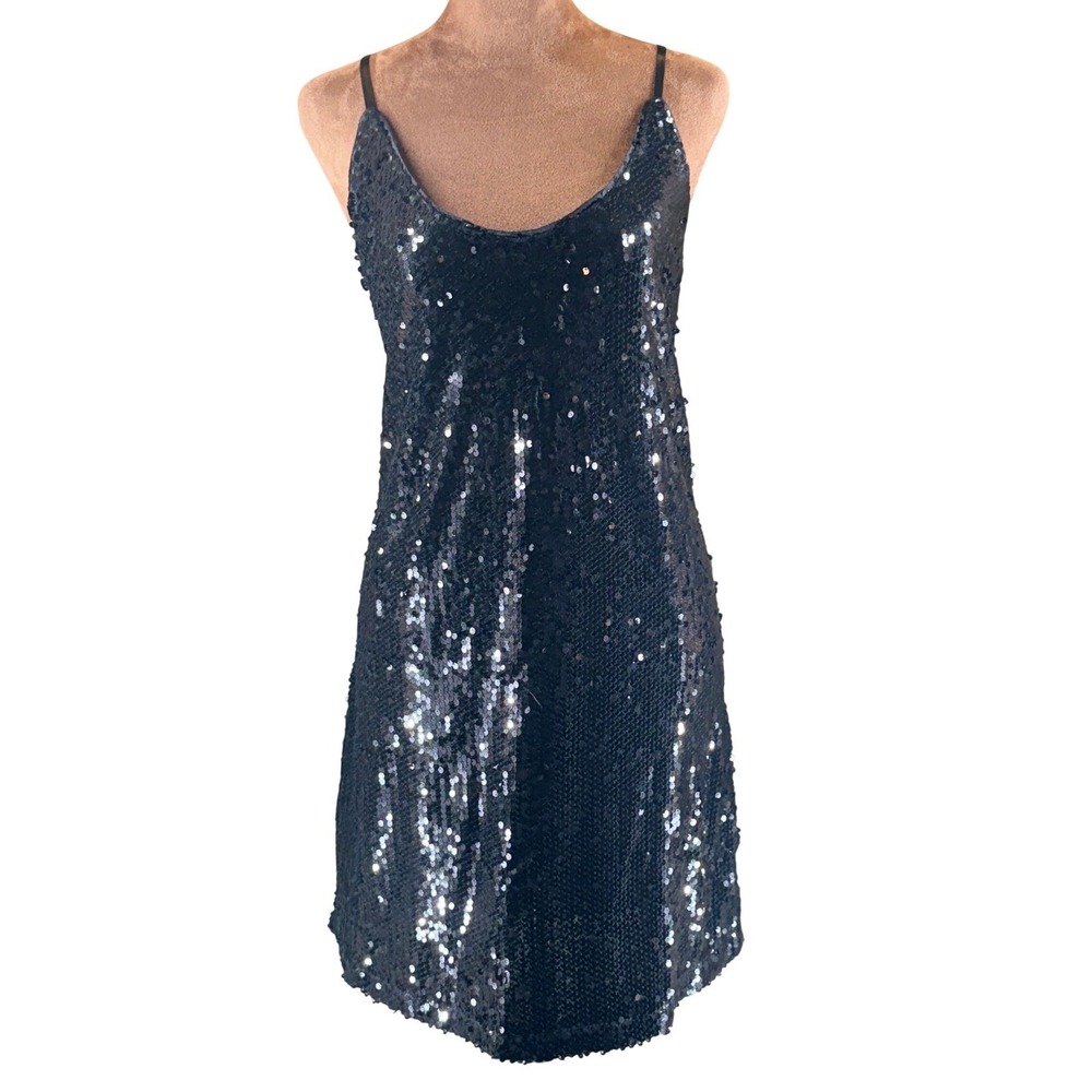 Allegra K Sequin Mini Dress Women Medium Black Strappy V-Neck‎ NWT Party Evening